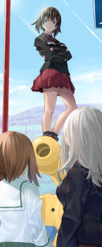 Rule 34 | 3girls, absurdres, back, black jacket, brown eyes, brown hair, collared shirt, commentary request, cross, crossed arms, girls und panzer, green skirt, grey hair, highres, inou takashi, iron cross, itsumi erika, jacket, kuromorimine military uniform, long sleeves, looking down, military vehicle, miniskirt, motor vehicle, multiple girls, muzzle device, nishizumi maho, nishizumi miho, ooarai school uniform, pole, red shirt, red skirt, school uniform, serafuku, shirt, skirt, smile, standing, tank, tank gun, tiger i, white serafuku