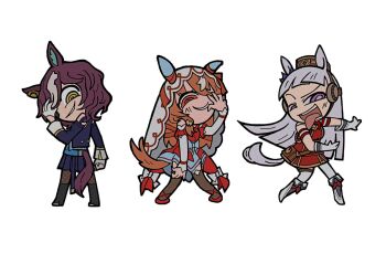 3girls animal_ears blunt_bangs blunt_ends boots chibi chibi_only dress evil_grin evil_smile gloves gold_ship_(red_strife)_(umamusume) gold_ship_(umamusume) grey_hair grin ha4to highres horse_ears horse_girl horse_tail long_hair multiple_girls orange_eyes orange_hair purple_eyes red_dress red_shoes shoes short_hair simple_background smile still_in_love_(scarlet_vow_raiment)_(umamusume) still_in_love_(umamusume) tail tanino_gimlet_(embodiment_of_keravnos)_(umamusume) tanino_gimlet_(umamusume) tongue tongue_out umamusume veil white_background white_boots white_gloves white_veil
