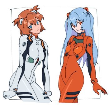 2girls alternate_hair_length alternate_hairstyle ayanami_rei bad_id bad_twitter_id blue_eyes blue_hair bodysuit border breasts brown_hair commentary cosplay costume_switch curvy expressionless interface_headset_(evangelion) long_hair looking_at_viewer mecha_pilot_suit multiple_girls neon_genesis_evangelion outside_border plugsuit_(evangelion) red_bodysuit red_eyes short_hair short_twintails simple_background souryuu_asuka_langley swirl9017 twintails white_background white_bodysuit wide_hips