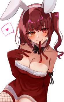 1girl absurdres animal_ear_hairband animal_ears bare_shoulders black_bow black_bowtie bow bowtie breasts cleavage commentary_request elbow_gloves fake_animal_ears fishnet_thighhighs fishnets gloves hairband heart heterochromia highres hololive houshou_marine large_breasts looking_at_viewer one_side_up rabbit_ear_hairband rabbit_ears red_eyes red_gloves simple_background sitting solo spoken_heart thighhighs tukijika virtual_youtuber white_background yellow_eyes