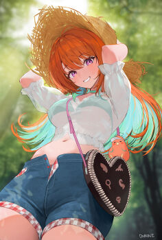 1girl arms_up bag bikini bikini_under_clothes black_bra blurry bra breasts choker colored_inner_hair commentary denim denim_shorts depth_of_field do_novii green_choker green_hair handbag hat highres hololive hololive_english long_hair looking_at_viewer looking_down midriff multicolored_hair navel official_alternate_costume open_fly orange_hair outdoors parted_lips plaid_trim purple_eyes see-through_clothes shirt short_sleeves shorts signature smile solo straw_hat swimsuit symbol-only_commentary takanashi_kiara takanashi_kiara_(casual) tree underwear virtual_youtuber white_shirt