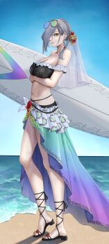 1girl absurdres beach bikini black_bikini braid breasts cleavage closed_mouth commentary_request crown_braid duel_masters duel_masters_play's earrings eyewear_on_head grey_hair hair_bun hair_over_one_eye highres holding holding_surfboard jewelry navel ocean osam sandals single_hair_bun solo surfboard swimsuit veil wedding_(duel_masters) yellow_eyes