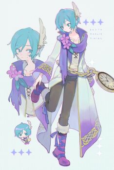 1boy black_pants blue_eyes blue_hair boots chain character_name chibi closed_mouth coat colored_eyelashes commentary flower hand_up highres kaito_(vocaloid) long_sleeves male_focus mo_chi_ro multiple_views nervous_sweating open_clothes open_coat pants pocket_watch purple_scarf roman_numeral scarf short_hair simple_background standing standing_on_one_leg sweat symbol-only_commentary vocaloid watch