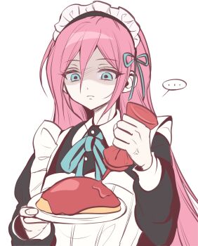 ... 1girl alternate_costume anger_vein aubrey_(faraway)_(omori) aubrey_(omori) blue_eyes bottle closed_mouth double-parted_bangs enmaided food gloves hair_between_eyes highres holding holding_bottle ketchup ketchup_bottle long_hair long_sleeves looking_at_viewer maid maid_headdress omelet omori omurice pink_hair simple_background solo speech_bubble spoken_ellipsis upper_body white_background white_gloves wktdms1