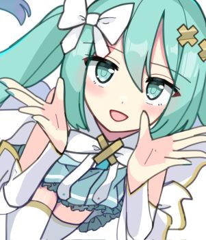 1girl aqua_eyes aqua_hair aqua_nails aqua_skirt bow detached_sleeves gold_trim hair_between_eyes hair_bow hair_ornament hatsune_miku highres hiramado_miku iroha_(pcrx7327) kowareta_sekai_to_utaenai_miku light_blush long_sleeves open_mouth project_sekai simple_background skirt smile spoilers thighhighs vocaloid white_background white_bow white_thighhighs white_trim x_hair_ornament