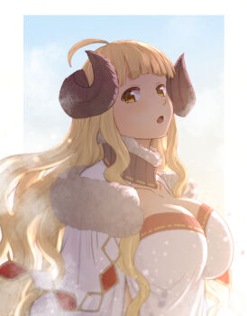 Rule 34 | 1girl, :d, ahoge, anila (granblue fantasy), blonde hair, blunt bangs, breasts, cape, cleavage, commentary request, curled horns, detached collar, draph, dress, fur-trimmed cape, fur-trimmed collar, fur trim, granblue fantasy, haniwa (leaf garden), highres, horns, large breasts, light particles, long hair, long sidelocks, open mouth, overexposure, raised eyebrows, sheep horns, sidelighting, sidelocks, smile, solo, strapless, strapless dress, thick eyebrows, upper body, very long sidelocks, white cape, white dress, yellow eyes