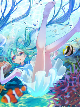 1girl absurdly_long_hair afloat barefoot blue_eyes blue_hair blush bubble commentary coral_reef curtsey_cc dress feet fish floating full_body hair_between_eyes hatsune_miku highres long_hair ocean open_mouth thighs twintails underwater very_long_hair vocaloid white_dress