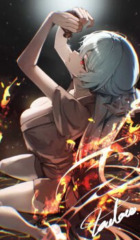 absurdres arm_up bare_legs black_background bottle bow breasts cleavage drinking embers fujiwara_no_mokou hands_up highres holding holding_bottle japanese_clothes kimono large_breasts legs liquid long_hair looking_up open_mouth red_eyes simple_background sitting spotlight tadano1129 touhou wariza water_drop white_bow white_hair