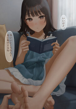 1girl barefoot blunt_bangs book commentary_request couch hand_on_another's_foot highres holding holding_book indoors looking_at_viewer momikyo on_couch original pov pov_hands reading satsuki_(momikyo) sitting speech_bubble toes translation_request yukishima_momo