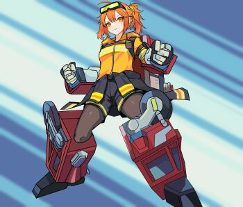 1girl black_pantyhose black_shorts breasts chelsea_(neural_cloud) chest_harness clenched_hands cosplay fire_convoy fire_convoy_(cosplay) girls&#039;_frontline girls&#039;_frontline_neural_cloud goggles goggles_on_head hair_behind_ear harness highres jacket looking_at_viewer mecha_musume medium_breasts orange_eyes orange_jacket pantyhose ponytail shorts smile solo transformers transformers_car_robots v-shaped_eyebrows walkie-talkie yanagui_yugi