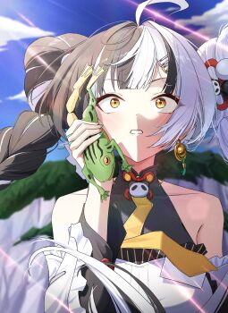 Rule 34 | 1girl, absurdres, animal, bare shoulders, black hair, braid, braided twintails, chinese clothes, commentary request, detached sleeves, dialyn (zenless zone zero), dress, earrings, hair ornament, highres, holding, holding animal, holding frog, jewelry, jojo no kimyou na bouken, long hair, multicolored hair, nasol, necktie, open mouth, solo, split-color hair, white hair, yellow eyes, yellow necktie, zenless zone zero