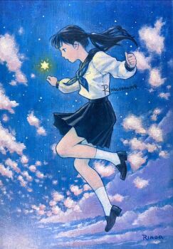1girl black_eyes black_hair cloud commentary_request floating full_body loafers long_hair oil_painting_(medium) open_mouth original painting_(medium) ponytail profile ringodrawing school_uniform serafuku shoes skirt sky solo star_(sky) traditional_media