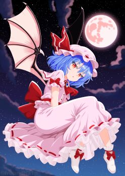 1girl absurdres ascot bat_wings blue_hair bow brooch commentary_request freundh31n full_moon hair_between_eyes hat hat_ribbon highres jewelry looking_at_viewer md5_mismatch mob_cap moon open_mouth pink_hat pink_shirt pink_skirt puffy_short_sleeves puffy_sleeves red_ascot red_bow red_eyes red_ribbon remilia_scarlet ribbon shirt short_hair short_sleeves skirt skirt_set sky sleeve_bow solo star_(sky) starry_sky touhou wings