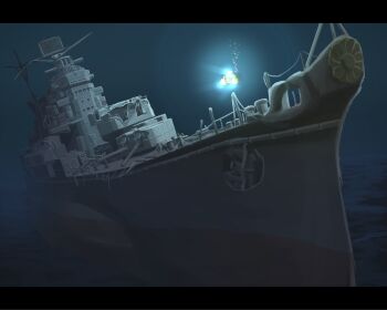 anchor commentary_request cruiser damaged floodlights haguro_(cruiser) highres imperial_japanese_navy letterboxed military military_vehicle no_humans original radar seafloor ship ship_turret shipwreck shiro_yukimichi submarine warship watercraft