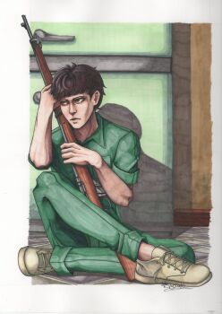 1boy absurdres black_eyes black_hair border breast_pocket closed_mouth collared_jumpsuit commentary english_commentary fear_&amp;_hunger_(series) fear_&amp;_hunger_2:_termina full_body green_jumpsuit grey_shoes gun highres holding holding_gun holding_weapon jumpsuit levi_(fear_&amp;_hunger) male_focus outside_border pocket rifle rosengaldr shoes short_hair signature sitting solo traditional_media weapon white_border