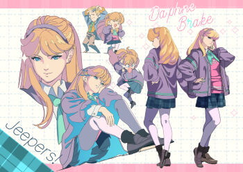 1boy 1girl aqua_neckerchief black_socks blonde_hair blue_eyes blue_jacket breasts brown_shoes brushing_hair character_name collared_shirt daphne_blake earrings edoya_inuhachi fred_jones full_body grey_hairband grey_jacket grey_pants grid_background hairband hand_in_own_hair hand_on_own_hip head_on_hand jacket jewelry loafers medium_breasts multiple_views neckerchief open_mouth orange_hair orange_shirt pants parted_lips pink_sweater plaid_clothes plaid_skirt scooby-doo shirt shoes short_hair sitting skirt smile socks sweater tears upper_body