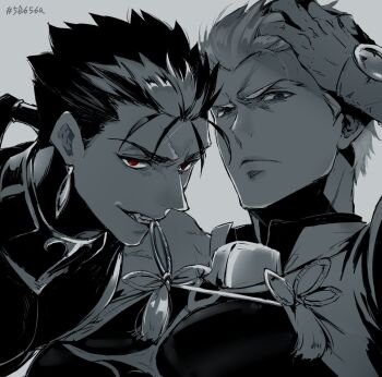 2boys archer_(fate) clothes_in_mouth cu_chulainn_(fate) cu_chulainn_(lancer)_(fate) fang fate/grand_order fate/stay_night fate_(series) glaring grey_background greyscale hair_tubes jacket long_hair looking_at_viewer male_focus monochrome multiple_boys ponytail shibanui short_hair simple_background single_hair_tube smile spot_color yaoi