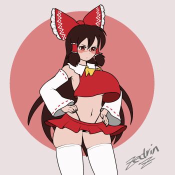 1girl adapted_costume animated animated_gif areola_slip black_panties blush bouncing_breasts bow breast_expansion breasts brown_hair closed_mouth cowboy_shot crop_top dancing detached_sleeves grey_background hair_bow hakurei_reimu hands_on_own_hips huge_breasts large_breasts long_hair long_sleeves medium_breasts midriff navel nipple_slip nipples nontraditional_miko panties pleated_skirt red_background red_eyes red_skirt simple_background skirt solo standing thighhighs thong touhou underwear white_thighhighs zedrin
