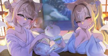 bare_shoulders blonde_hair blue_eyes blue_hair blurry blurry_background blush breasts commentary cup english_commentary flat_chest fuwawa_abyssgard hair_bun hand_on_own_face high_ponytail highres holding holding_cup holding_teapot hololive hololive_english indoors large_breasts long_hair mococo_abyssgard off_shoulder perroccino_(fuwamoco) pink_eyes pink_hair ponytail short_hair siblings single_bare_shoulder single_off_shoulder sisters smile sobbi11 teapot twins upper_body virtual_youtuber