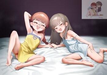 2girls arm_behind_head armpits bare_legs bare_shoulders barefoot bed_sheet borrowed_character brown_hair child_gf_(orenji) clothing_cutout commentary dress english_commentary full_body glasses half-closed_eyes heart_cutout highres holding_hands knee_up loli long_hair looking_at_viewer lying mesugaki_(orenji) multiple_girls no_panties on_bed on_side open_mouth original paid_reward_available preamy_kyuushi reference_inset round_eyewear seductive_smile smile strap_slip variant_set white_dress yellow_dress