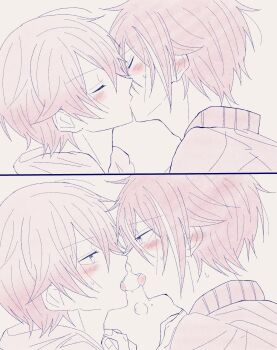 2boys closed_mouth commentary_request french_kiss highres kamishiro_rui kiss looking_at_viewer male_focus monochrome multiple_boys noi3gbl21m18882 open_mouth project_sekai saliva saliva_trail split_screen tenma_tsukasa tongue white_background yaoi