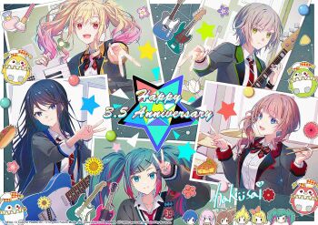 39 6+girls :d aqua_eyes aqua_hair aqua_nails artist_name asymmetrical_sidelocks bass_guitar black_hair blazer blonde_hair blue_eyes blue_trim blunt_bangs bottle bow bowtie bracelet breasts brown_hair cardigan chibi chibi_inset closed_mouth collarbone commentary_request copyright_notice diagonal-striped_bow diagonal-striped_bowtie diagonal-striped_clothes diagonal-striped_necktie drum drum_set drumsticks english_text eyelashes flower gradient_hair green_eyes green_trim grey_cardigan grey_hair grey_jacket guest_art guitar gyaru_v hair_between_eyes hair_ornament hairclip hakusai_(tiahszld) hand_up hands_up happy_anniversary hat hatsune_miku highres hinomori_shiho holding holding_drumsticks hoshino_ichika_(project_sekai) instrument jacket jester_cap jewelry kagamine_len kagamine_rin kaito_(vocaloid) keyboard_(instrument) korean_commentary lapels large_breasts leo/need_kaito leo/need_len leo/need_luka leo/need_meiko leo/need_miku leo/need_rin long_hair long_sidelocks long_sleeves looking_at_viewer makeup_brush medium_breasts medium_hair megurine_luka meiko_(vocaloid) mochizuki_honami multicolored_hair multiple_bracelets multiple_girls nail_polish neck_ruff necktie notched_lapels official_art open_clothes open_jacket open_mouth perfume_bottle phenny_(project_sekai) pink_hair project_sekai purple_flower red_eyes red_flower red_necktie red_streaks red_trim second-party_source shirt short_hair side_ponytail sidelocks small_breasts smile streaked_hair striped_bow striped_bowtie striped_clothes stuffed_animal stuffed_penguin stuffed_toy sunflower tenma_saki three-quarter_sleeves too_many_hair_ornaments twintails upper_body v vocaloid white_shirt yakisobapan yellow_flower yellow_trim