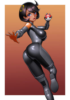 1girl :3 :d absurdres aged_up arm_up ass black_bodysuit black_boots black_gloves black_hair blue_eyes bodysuit boots border breasts commentary cowlick dark-skinned_female dark_skin emma_(pokemon) gloves hair_between_eyes hair_ornament highres holding holding_poke_ball jacket knee_boots latex latex_bodysuit looking_at_viewer medium_breasts nintendo no_jacket open_mouth orange_background orange_gloves poke_ball poke_ball_(basic) pokemon pokemon_legends:_z-a short_hair sidelocks skin_tight smile solo standing standing_on_one_leg swept_bangs two-tone_gloves white_border yossan_illust