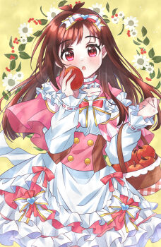 Rule 34 | 1girl, :o, antenna hair, apple, blunt ends, blush, bow hairband, brown hair, capelet, choker, dress, food, frilled choker, frilled sleeves, frills, fruit, fruit basket, hairband, hakkaumai, highres, holding, holding food, holding fruit, idolmaster, idolmaster cinderella girls, layered dress, long hair, looking at viewer, pink capelet, red eyes, solo, tsujino akari, very long hair