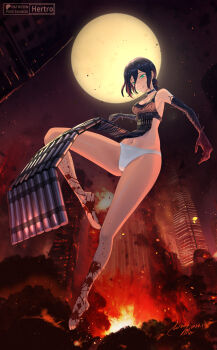 1girl absurdres apron black_apron black_gloves black_hair blood blood_on_feet breasts chainsaw_man city closed_mouth dynamite elbow_gloves explosive feet full_moon gloves green_eyes hair_between_eyes hertro highres medium_breasts moon navel night outdoors panties reze_(chainsaw_man) smile smoke solo underwear white_panties