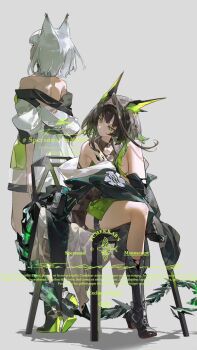 2girls animal_ears arknights black_boots black_dress black_hair boots cat_ears chair coat colored_inner_hair commentary dress facing_away fake_animal_ears full_body green_dress green_eyes grey_background grey_hair highres hugging_own_legs kal'tsit_(arknights) knee_up krab_(fumekrab) long_sleeves looking_back material_growth mon3tr_(arknights) multicolored_hair multiple_girls off_shoulder oripathy_lesion_(arknights) short_hair simple_background sitting symbol-only_commentary tail watermark white_coat