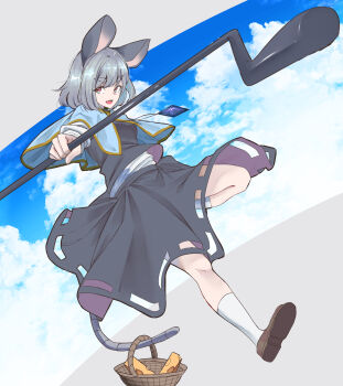 Rule 34 | 1girl, animal ears, basket, black skirt, black vest, blue capelet, blue sky, brown shoes, capelet, cheese, cloud, commentary, dowsing rod, floating, food, grey hair, highres, holding, holding basket, jewelry, kanaria (bcomn), long sleeves, looking at viewer, medium hair, mouse ears, mouse girl, mouse tail, nazrin, parted lips, pendant, red eyes, shirt, shoes, skirt, sky, smile, socks, solo, tail, touhou, vest, white shirt, white socks