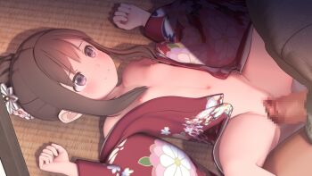 1boy 1girl 3d age_difference blender_(medium) blush brown_eyes brown_hair censored custom_udon hair_flower flower_print groin hetero imminent_penetration japanese_clothes just_the_tip kimono loli lying missionary mosaic_censoring navel nipples no_bra no_panties on_back on_floor open_clothes open_kimono original penis print_kimono pussy sex sidelocks size_difference solo_focus spread_legs tears vaginal wide_sleeves