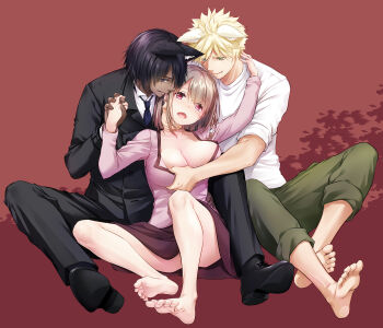 1girl animal_ears barefoot black_hair blonde_hair blush breasts brown_hair cleavage eyebrows_hidden_by_hair feet formal_clothes full_body grabbing_another&#039;s_breast groping head_tilt highres large_breasts legs looking_at_viewer nakajima_yuka necktie open_mouth original pants pants_rolled_up pink_eyes red_background shoes short_hair simple_background sitting skirt smile suit thighs toes