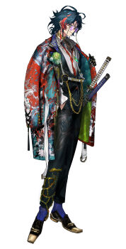 1boy absurdres adjusting_clothes alternate_costume antenna_hair aqua_coat aqua_flower aqua_rose arm_out_of_sleeve black_gloves black_pants black_shoes black_vest blue_hair blue_socks boutonniere braid chain chest_tattoo closed_mouth coat collared_shirt colored_eyelashes contrast_lapels cross-laced_clothes cross-laced_sleeves cuff_links dress_shoes ear_covers earrings eyewear_strap fingernail_gloves flower full_body gem gloves gold_choker gold_ring green_coat green_flower green_gem green_rose harness highres jewelry kaisei_(nijisanji) katana lapels loafers long_sleeves looking_at_viewer loose_necktie male_focus medium_hair mole mole_under_eye multicolored_coat multicolored_hair multiple_rings multiple_swords necktie nijisanji notched_lapels o-ring o-ring_harness open_collar padded_coat pants parted_bangs patterned_clothing pendant print_coat print_pants print_vest purple-tinted_eyewear red_coat red_eyes red_gemstone red_hair red_necktie ring rose round_eyewear sayagata sheath sheathed shirt shirt_tucked_in shoes side_braid sideways_glance simple_background smile snake snake_earrings snake_tattoo snake_wrapped_around_leg socks solo standing streaked_hair sword tassel tassel_earrings tattoo tinted_eyewear two-sided_coat two-sided_fabric two-tone_coat unagipai vest virtual_youtuber weapon white_background white_shirt