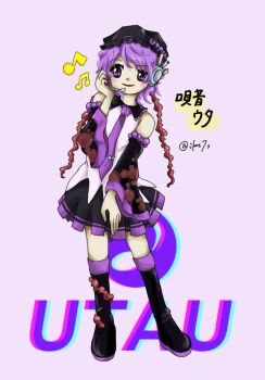 Rule 34 | 1girl, black boots, black hat, black skirt, black sleeves, boots, character name, collared shirt, commentary request, copyright logo, detached sleeves, hat, headphones, kaisei (ikt7s), logo, long sleeves, necktie, pleated skirt, purple eyes, purple hair, purple necktie, purple trim, robot ears, shirt, short hair, skirt, sleeveless, sleeveless shirt, utane uta, utau, zun (style)