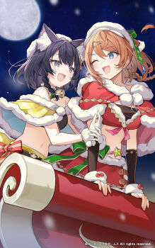 2girls ;d animal_ear_fluff animal_ears atelier_(series) atelier_resleriana bare_shoulders bell black_eyes black_hair blue_eyes breasts capelet cat_ears cat_girl commentary_request copyright_notice daydarion fur_wrist_cuffs hair_ornament hairclip highres izana_kokoschka medium_breasts midriff multiple_girls navel neck_bell official_alternate_costume official_art one_eye_closed open_mouth orange_hair red_capelet resna_sternenlicht resna_sternenlicht_(starry_heavens_gift) santa_costume second-party_source short_hair smile wrist_cuffs