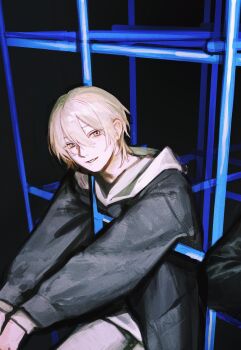 1boy 1other black_background blonde_hair camera_flash copyright_request double-parted_bangs hair_between_eyes head_tilt highres hood hood_down jacket jungle_gym light_smile looking_to_the_side male_focus mole mole_under_eye out_of_frame parted_lips rit3set short_hair solo_focus yellow_eyes