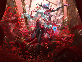 Rule 34 | 1girl, arm up, bandaged arm, bandages, bare shoulders, beamed eighth notes, black pantyhose, black skirt, braid, dress, earrings, flower, glass shards, grey eyes, grey hair, halter dress, halterneck, hecate (wuthering waves), heterochromia, highres, holding, holding flower, jewelry, long hair, looking at viewer, low twin braids, musical note, official art, pantyhose, phrolova (wuthering waves), picture frame, red dress, red eyes, skirt, spider lily, swd3e2, tacet discord (wuthering waves), tacet mark (wuthering waves), twin braids, wuthering waves