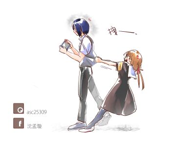 1boy 1girl anger_vein annoyed armband brown_eyes brown_hair closed_mouth commentary_request hair_over_one_eye highres iino_miko ishigami_yuu kaguya-sama_wa_kokurasetai_~tensai-tachi_no_renai_zunousen~ low_twintails nintendo_switch playing_games red_ribbon ribbon school_uniform short_hair shouting shuuchiin_academy_school_uniform summer_uniform translation_request twintails yellow_armband