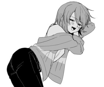 1girl androgynous arm_behind_head ass blush chara_(undertale) denim genderswap genderswap_(otf) jeans looking_at_viewer lying monochrome on_side open_mouth pants rokinoya shirt simple_background smile solo solo_focus striped_clothes striped_shirt t-shirt undertale utdr_(toby_fox) white_background white_shirt