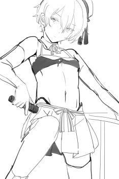 1boy bare_shoulders bra check_commentary closed_mouth commentary commentary_request crossdressing crossdressing_(mtf) detached_collar dot_nose elbow_gloves feet_out_of_frame gloves grey-haired_boy_(sunaba_(nczd5875)) hair_between_eyes hands_up hat hat_ribbon holding holding_microphone idol_clothes long_hair looking_at_viewer male_focus microphone midriff navel on_railing original panties panty_peek pleated_skirt railing ribbon sailor_hat short_hair simple_background single_sock single_thighhigh sketch skirt socks solo sunaba_(nczd5875) thighhighs trap underwear very_long_hair white_background