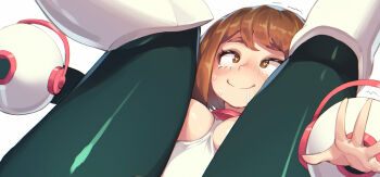 1girl bodysuit boku_no_hero_academia breasts brown_eyes brown_hair closed_mouth drooling folded heart heart-shaped_pupils highres implied_sex lying medium_breasts on_back paid_reward_available pepper0 rolling_eyes simple_background solo sweat symbol-shaped_pupils uraraka_ochako white_background