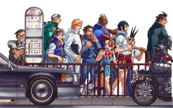 Rule 34 | 4girls, 6+boys, :d, absurdres, armor, ayuhara natsu, backpack, backwards hat, bag, bandaid, bandaid on face, bandaid on nose, baseball bat, baseball cap, biker clothes, bikesuit, black hair, blazer, blonde hair, blue vest, bodysuit, boman delgado, book, briefcase, brother and sister, brown eyes, brown hair, car, collared shirt, dark-skinned male, dark skin, down vest, duffel bag, edaki shin'ya, elbow pads, everyone, eyewear on head, facial hair, freckles, from side, game cg, glasses, gloves, goggles, hat, headband, helmet, hibiki ran, highres, holding, holding baseball bat, holding book, holding briefcase, ichimonji batsu, jacket, justice gakuen, kagami kyosuke, kazama akira, kazama daigo, leather, leather pants, motor vehicle, motorcycle, motorcycle helmet, multiple boys, multiple girls, namikawa nagare, non-web source, official art, on motorcycle, open mouth, orange hair, over shoulder, pants, railing, reading, roberto miura, sawamura shoma, scar, scar across eye, scar on face, school uniform, shimazu hideo, shiritsu justice gakuen, shiritsu justice gakuen: nekketsu seisyun nikki 2, shirt, shoes, short hair, shoulder armor, siblings, skirt, sleeves rolled up, smile, sneakers, stubble, swim cap, swim goggles, teeth, vest, wakaba hinata, walking, white headband, white shirt, yawning