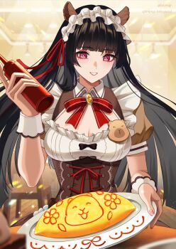 1girl absurdres alternate_costume animal_ears black_hair bottle breasts brown_dress chisa_(wuthering_waves) cleavage commentary_request dress enmaided food hair_ribbon highres holding holding_bottle horse_ears indoors ketchup_bottle large_breasts long_hair maid maid_headdress official_alternate_costume omelet omurice parted_lips red_eyes red_ribbon ribbon short_sleeves smile solo toi_pngr very_long_hair wuthering_waves