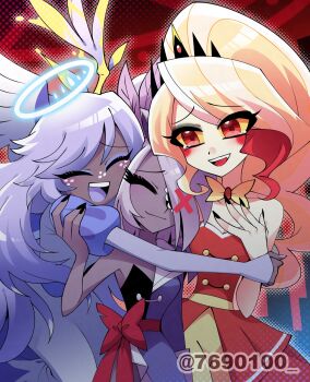 3girls angel angel_wings asymmetrical_dress charlie_morningstar circle_facial_mark colored_skin commentary dress emily_(hazbin_hotel) eyepatch freckles glowing glowing_halo grey_skin group_hug halo hazbin_hotel hellaverse highres hug menattou multiple_girls official_alternate_costume official_alternate_hairstyle smile strapless strapless_dress symbol-only_commentary tears tiara vaggie white_skin wings