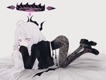 1girl all_fours black_pantyhose black_shirt black_shoes blue_archive expressionless halo highres hina_(blue_archive) horns lace lace_pantyhose lace_pantyhose_hooked_on_heel_(meme) long_hair long_sleeves looking_at_viewer low_wings meme on_bed pantyhose purple_eyes shirt shoes simple_background solo takahisayuki white_background white_hair wings
