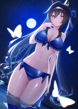1girl absurdres alternate_costume animal_ears bikini blue_bikini blue_eyes blue_ribbon blush bug butterfly commentary_request ear_ornament front-tie_bikini_top front-tie_top full_moon hair_between_eyes hair_ribbon highres horse_ears horse_girl horse_tail insect looking_at_viewer menchi_rishio moon navel night ocean outdoors ribbon skindentation sky smile solo star_(sky) starry_sky swimsuit tail thighs twintails umamusume vivlos_(umamusume) wading water wet white_butterfly