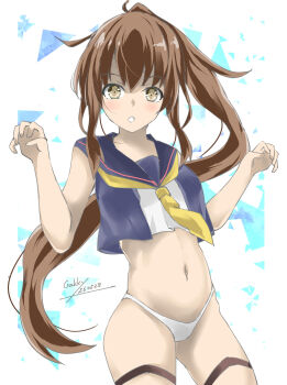 1girl adapted_costume artist_name bikini bikini_under_clothes black_sailor_collar black_shirt brown_eyes brown_hair commentary_request cowboy_shot crop_top dated fumizuki_(kancolle) fumizuki_kai_ni_(kancolle) gakky highres kantai_collection neckerchief one-hour_drawing_challenge parted_bangs ponytail sailor_collar sailor_shirt shirt sleeveless sleeveless_shirt solo swimsuit thigh_strap white_bikini yellow_neckerchief