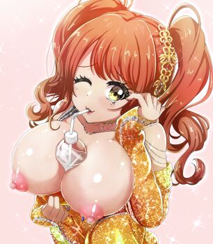 absurdres breasts d4dj dress drinking_straw hair_ornament highres large_breasts lipstick makeup mito_youki nipples one_eye_closed orange_hair puffy_nipples seto_rika twintails