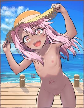 1girl :d absurdres blue_sky brown_eyes brown_hat chloe_von_einzbern completely_nude cowboy_shot dark-skinned_female dark_skin day elementary_(lolipope) fate/kaleid_liner_prisma_illya fate_(series) flat_chest hands_on_headwear hands_up hat highres leaning_forward loli long_hair looking_at_viewer navel nipples nude ocean one_side_up open_mouth outdoors pink_hair sky smile solo stomach_tattoo straw_hat tattoo uncensored upper_body